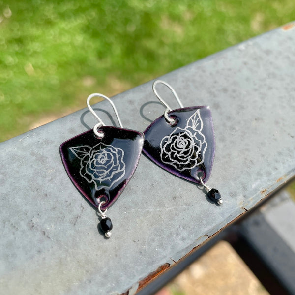 Black Enamel Rose 'Doodle' Earrings