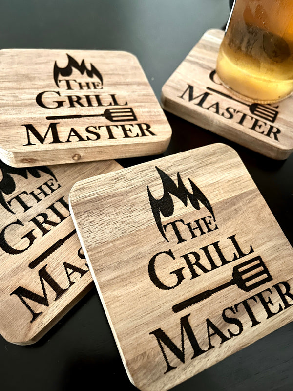 Set of 4 Square Wooden Coasters- The Grill Master Design