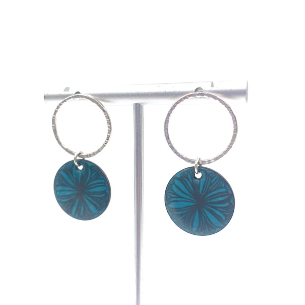 Turquoise Enamel Floral 'Doodle' Earrings with Silver Rings
