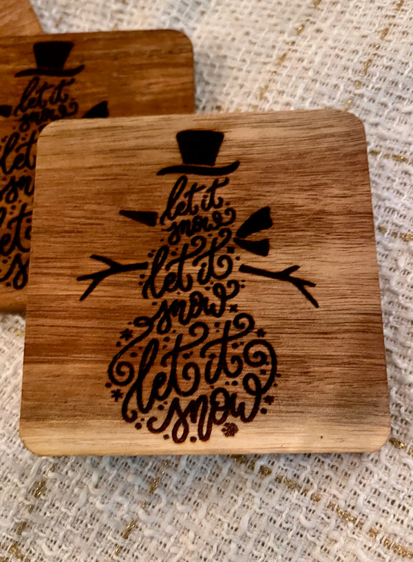 Set of 4 Square Wooden Coasters- Let It Snow Design