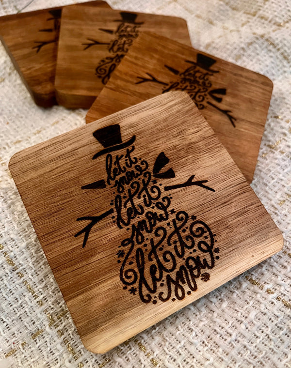 Set of 4 Square Wooden Coasters- Let It Snow Design