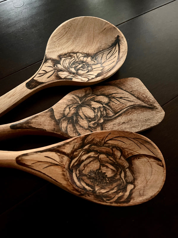 Wooden Spatula - Hand burned flower design