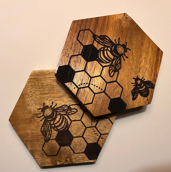 Set of 4 Hexagon Wooden Coasters- Bee Design