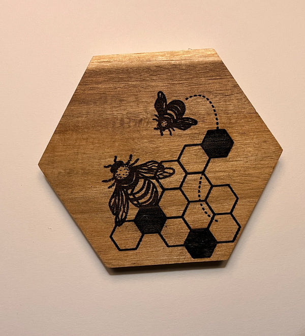 Set of 4 Hexagon Wooden Coasters- Bee Design