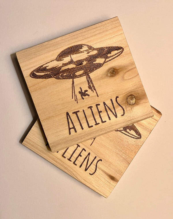 Set of 4 Square Wooden Coasters- Atlien Design