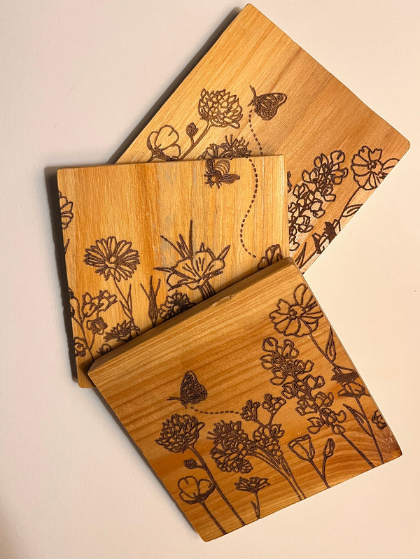 Set of 4 Square Wooden Coasters- Floral Design