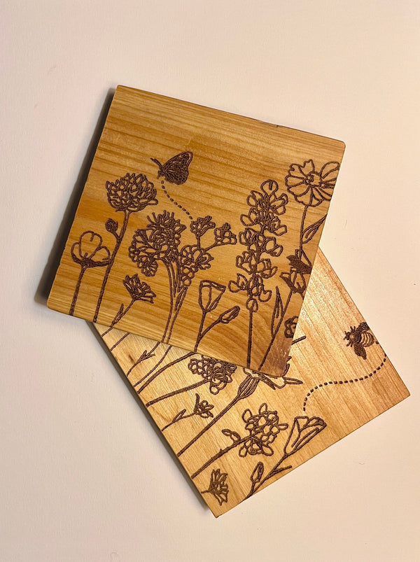 Set of 4 Square Wooden Coasters- Floral Design