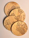 Set of 4 Round Wooden Coasters- Grapevine Design