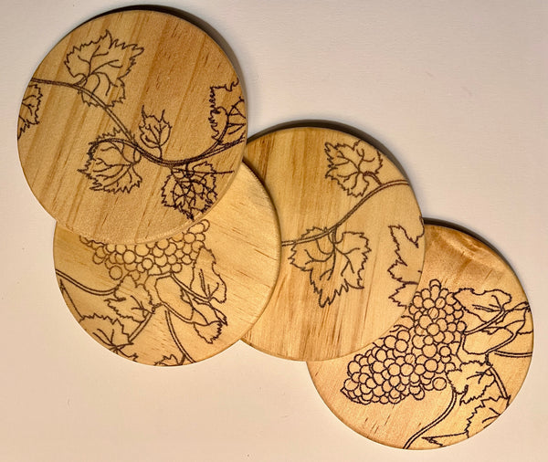 Set of 4 Round Wooden Coasters- Grapevine Design