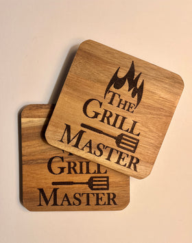 Set of 4 Square Wooden Coasters- The Grill Master Design