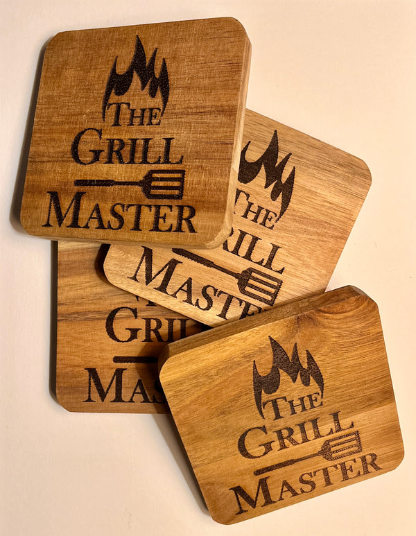 Set of 4 Square Wooden Coasters- The Grill Master Design