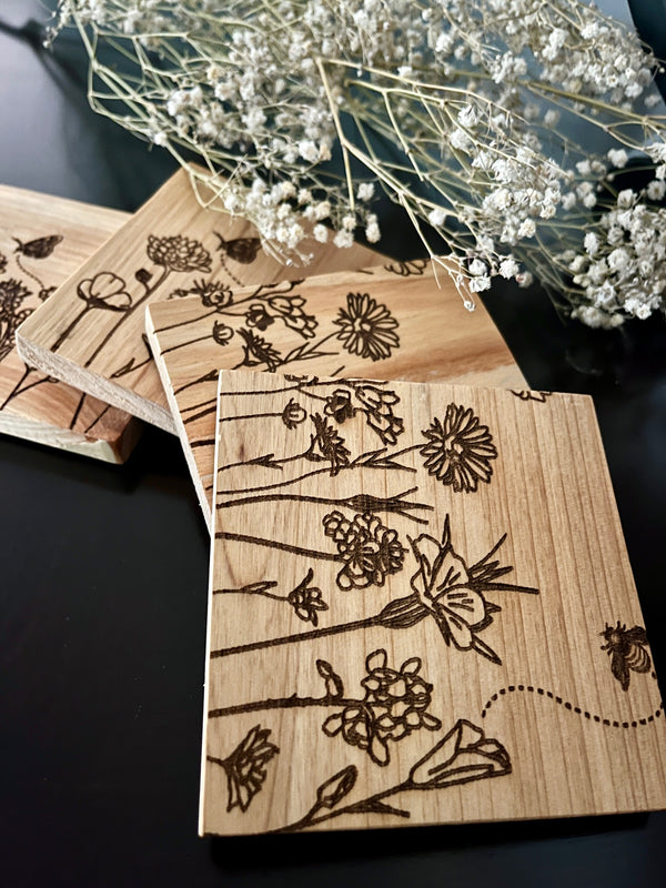 Set of 4 Square Wooden Coasters- Floral Design