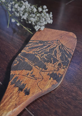 Wooden Spatula - Hand burned mountain design