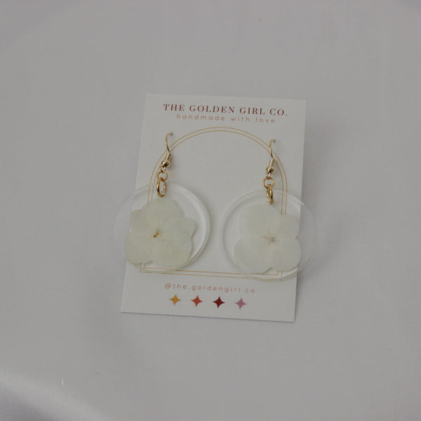 White Hydrangea Circle Dangle Earrings